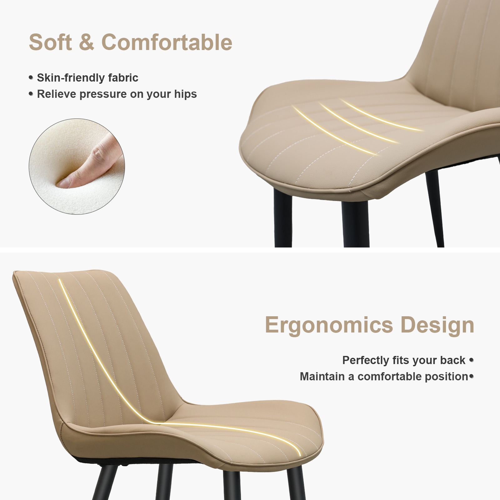 Khaki PU Leather Dining Chair With Metal Legs, Wave Pattern Upholstered Armless Chair Set Of 4 For Kitchen, Restaurant, Living, Meeting Room_voghion.com